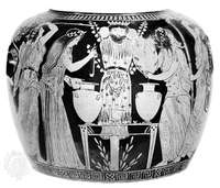 ainted Greek vase showing a Dionysiac feast, 450–425 bc; in the Louvre, Paris.