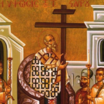 A religious painting of a person holding a cross Description automatically generated