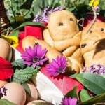 A basket of food with flowers and leaves AI-generated content may be incorrect.